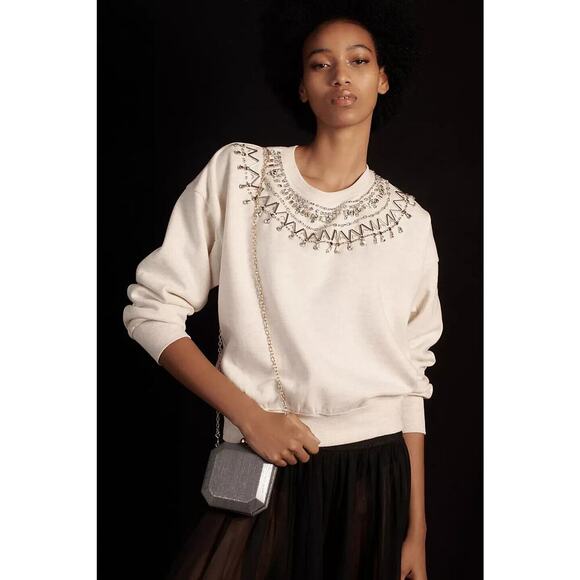 New Anthropologie Maeve Embellished Collar Pullover Size XS Light Sand - Picture 1 of 11